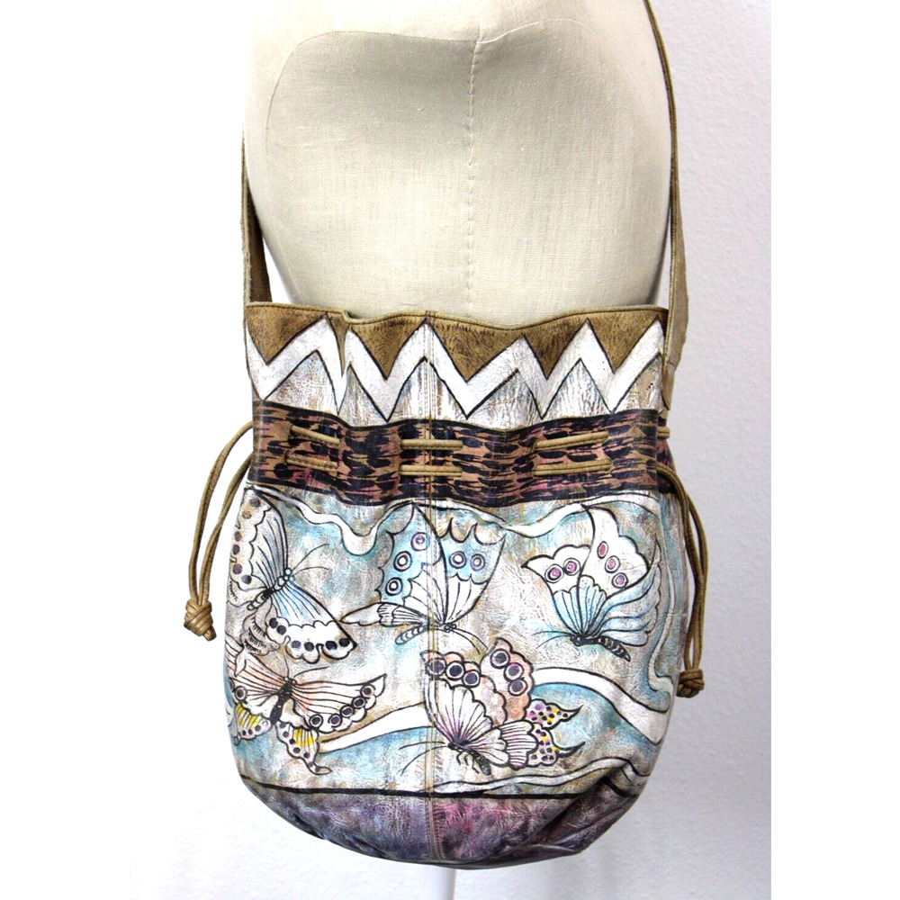 Jane Yoo Purse Vintage Handpainted Butterfly Crossbody Bucket Drawstring As Is